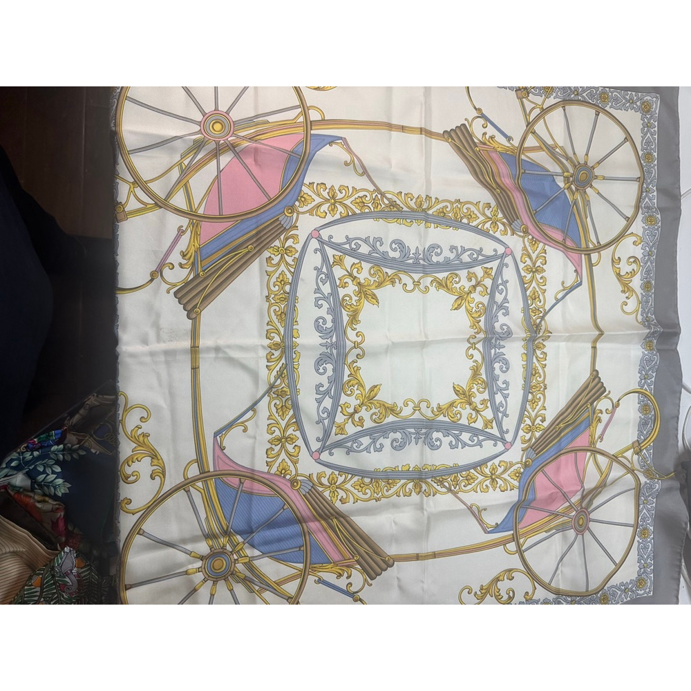 Women's Celine One Size White Gray Carriage Print Silk Scarf